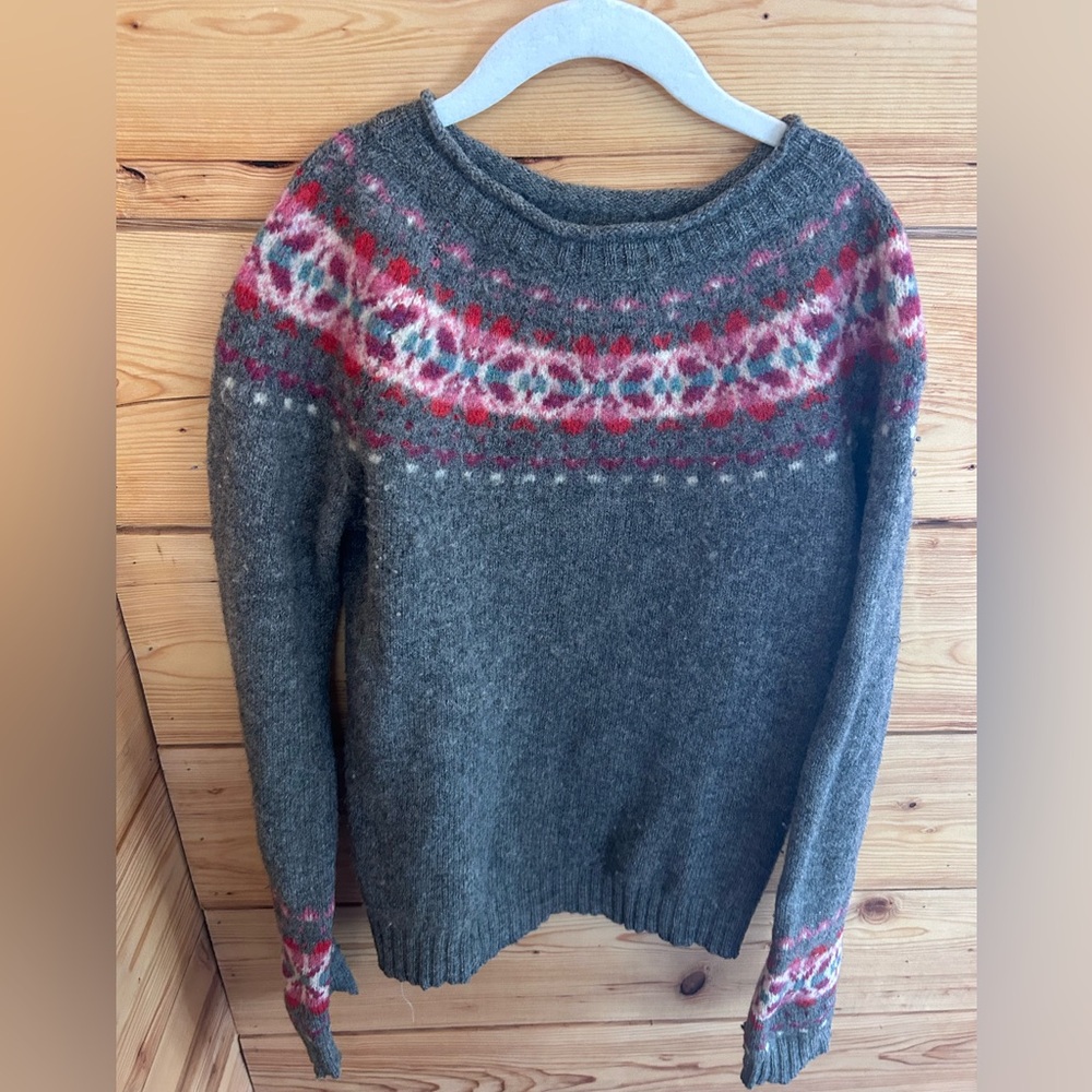 Benetton Kids Grey Nordic Fair Isle Wool Sweater Flawed 16” pit to pit